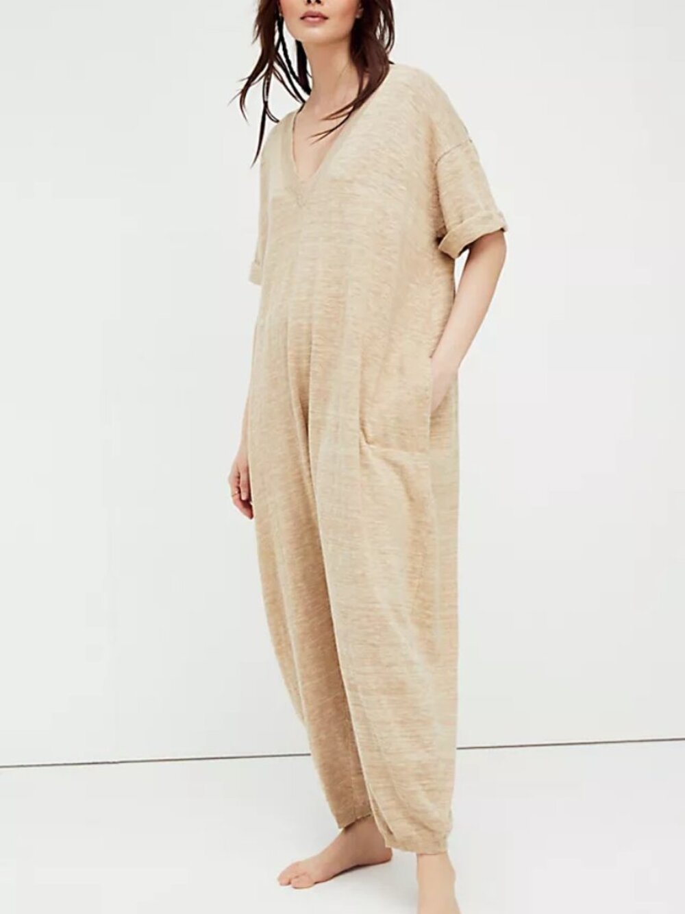 FREE PEOPLE FP BEACH Everyday sweater one piece beige knit jumpsuit in oatmeal